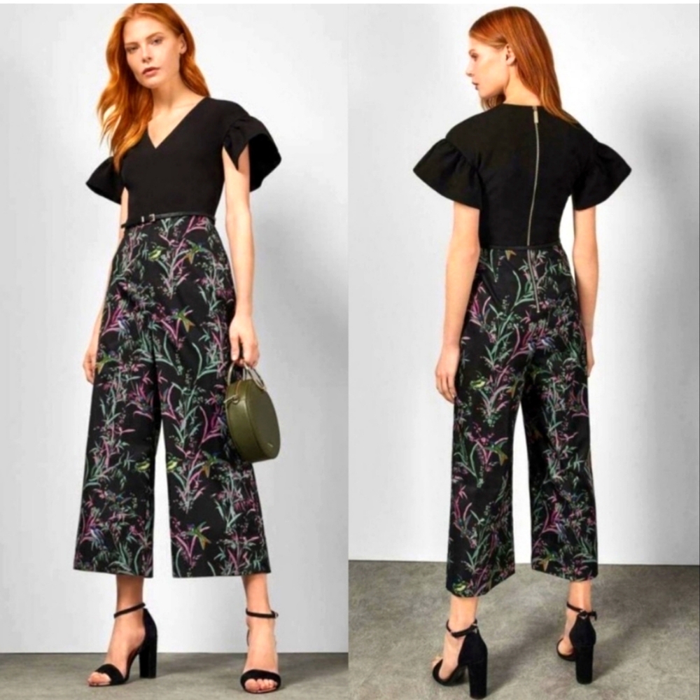 Ted Baker London Darcyy Black Jumpsuit With Floral and Bird Print - Ted 0/US 2